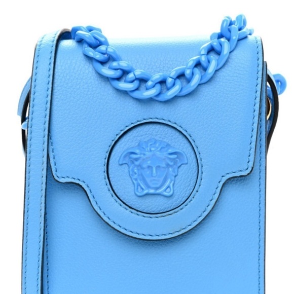 Versace La Medusa Blue Leather Mini Crossbody Bag with Chain and Strap - Picture 13 of 14